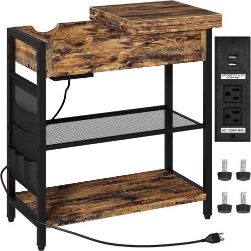 Narrow Flip Top Side Table with USB Ports and Outlets, Storage and Fabric Bags, Rustic Brown   - Lot 699