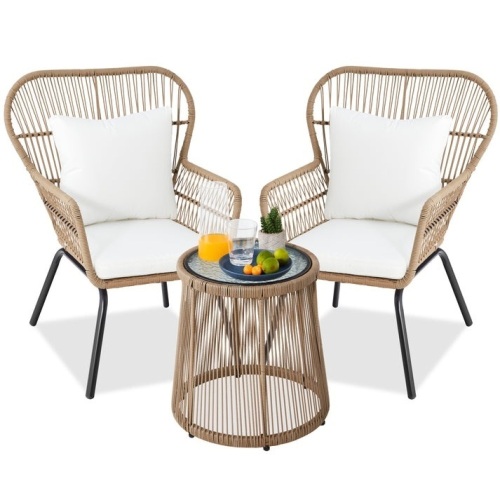 3-Piece Patio Wicker Conversation Bistro Set w/ 2 Chairs, Glass Top Table  - Lot 26