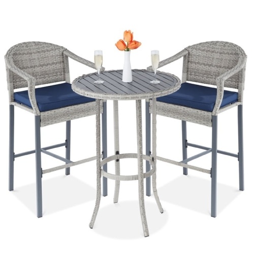 3-Piece Outdoor Bistro Wicker Table Bar Set w/ Bar Stools, Footrests  - Lot 30