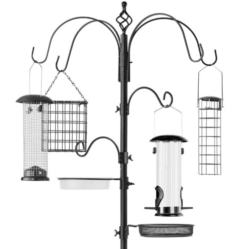 Bird Feeding Station, 6-Hook Steel Multi-Feeder Stand w/ 4 Feeders - 89in - Lot 8743