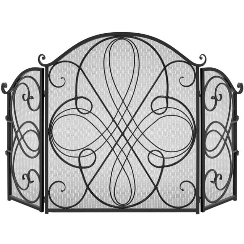 3-Panel Wrought Iron Metal Fireplace Screen Cover w/ Scroll Design - 55x33in  - Lot 8848