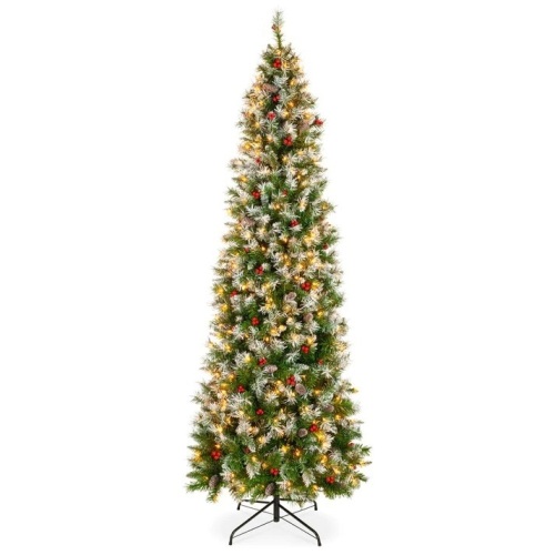 Pre-Lit Partially Flocked Spruce Pencil Tree w/ Berries, Pine Cones - Lot 8985