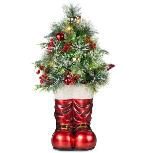 Santa Boots w/ Pre-Decorated Christmas Greenery, Lights - 40in - Lot 9501