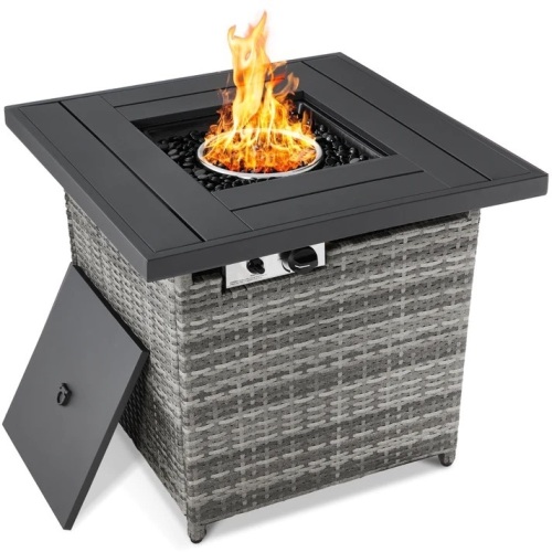 28in Fire Pit Table 50,000 BTU Wicker Propane w/ Faux Wood Tabletop, Cover - Lot 9517