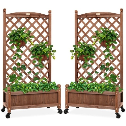 Set of 2 Wood Planter Box & Lattice Trellis w/ Optional Wheels - 48in - Lot 9540