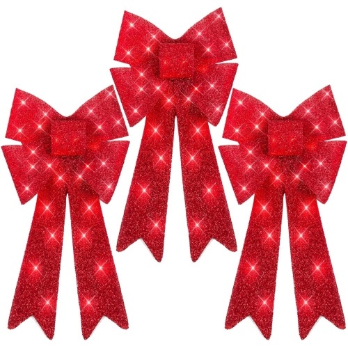 Set of 3 Pre-Lit Christmas Bow Decoration, LED Holiday Decor w/ 8 Functions - Lot 9559