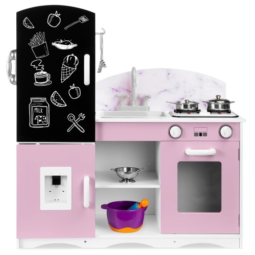 Wooden Pretend Play Kitchen Toy Set for Kids w/ Chalkboard, Marble Backdrop - Lot 9614