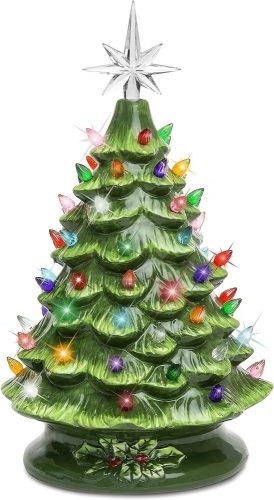 Ceramic Christmas Tree, Pre-lit Hand-Painted Tabletop Holiday Decoration - Lot 9622