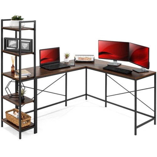 L-Shaped Computer Desk, Study Workstation w/ 5-Tier Open Storage Bookshelf - Lot 9718