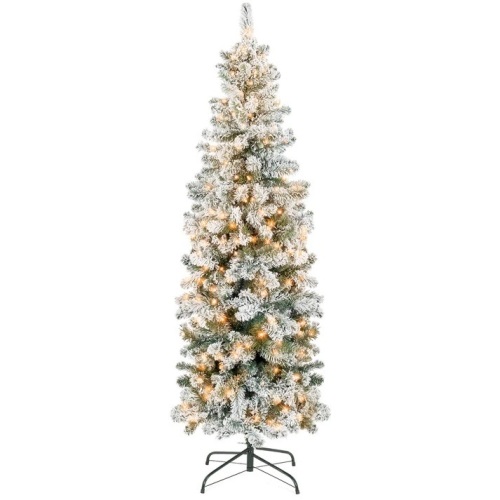 Pre-Lit Snow Flocked Artificial Pencil Christmas Tree - Lot 9781