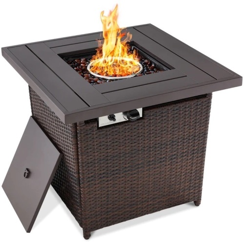 28in Fire Pit Table 50,000 BTU Wicker Propane w/ Faux Wood Tabletop, Cover - Lot 9892