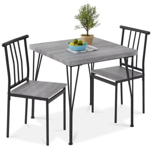 3-Piece Metal Wood Square Dining Table Furniture Set w/ 2 Chairs - Lot 9771