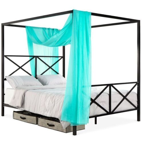 4-Post Queen Size Modern Metal Canopy Bed Frame w/ Headboard, Footboard  - Lot 333