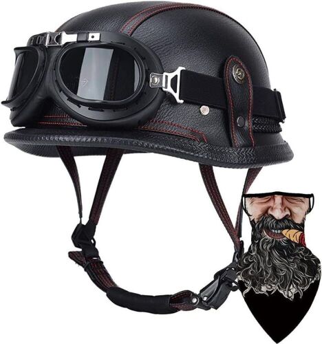 Motorcycle German Leather Half Face Helmet and Goggles  - Lot 698