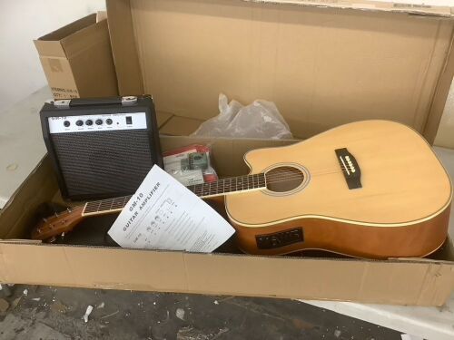 Beginner Acoustic Electric Cutaway Guitar Set w/ Case, Strap 41in - Amp Connection Issues - Lot 716