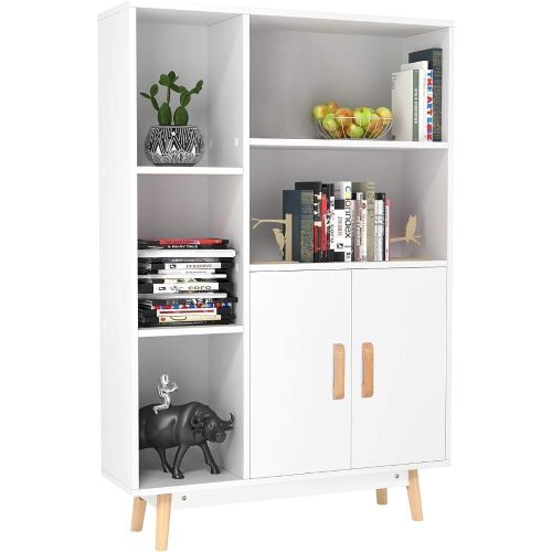 Homfa Free Standing Wooden Display Bookcase with Double Doors, 2 Shelves, 3 Cubes and 4 Legs - Lot 733