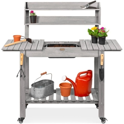 Wood Garden Potting Bench w/ Sliding Tabletop, Food Grade Dry Sink, Wheels  - Lot 512