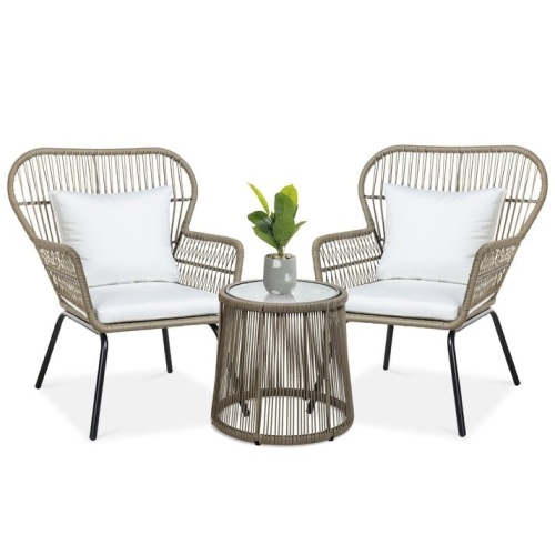3-Piece Patio Wicker Conversation Bistro Set w/ 2 Chairs, Glass Top Table  - Lot 93