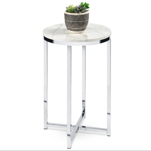 Round Coffee Side Table w/ Faux Marble Top, Metal Frame - 16in  - Lot 598