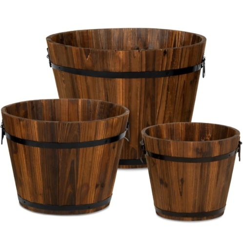 Set of 3 Rustic Wood Bucket Barrel Garden Planters Set w/ Drainage Holes  - Lot 411