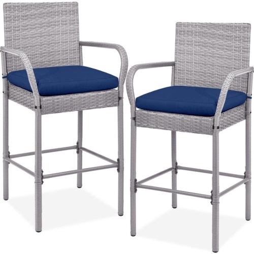 Set of 2 Indoor Outdoor Wicker Bar Stools w/ Cushion, Footrests, Armrests  - Lot 191