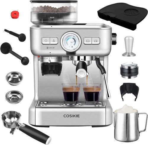 Semi Automatic Espresso Machine with Grinder, Steamer Milk Frother, COSIKIE All in One , 20 Bar, Home Barista Cappuccino Coffee Maker, Gifts for Her or Him - Lot 150