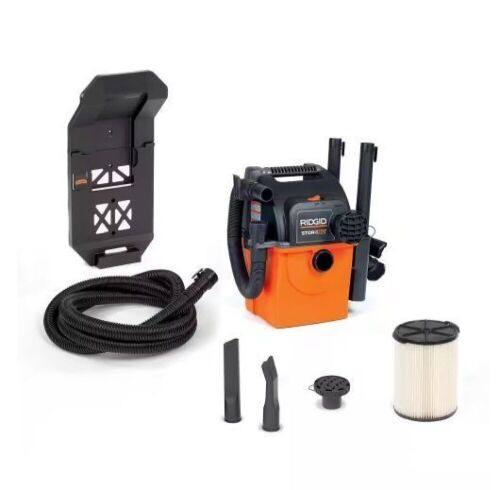 RIDGID 5 Gallon 5.0 Peak HP Portable Wall-Mountable Wet/Dry Shop Vacuum with Filter, Two Locking Hoses and Accessories - Lot 91