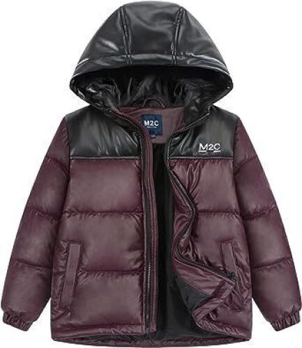 M2C Boys Winter Thick Puffer Jakcet Stretch PU Leather Outwear Chocolate 8-9  - Lot 679