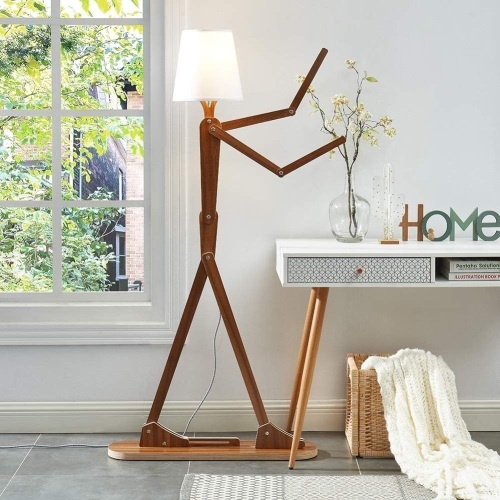 HROOME Cool Decorative Tall Floor Lamp Wood Swing Arm Standing Corner Reading Lights for Kids Bedroom Living Room Farmhouse - LED Bulb Included (Teak) - Lot 103A