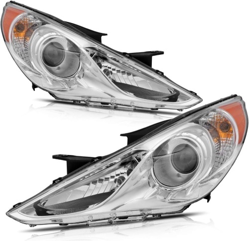 SCITOO Headlight Assembly Fits For Hyundai Sonata 2011-2014(NOT FIT Hybrid Models) headlamp in Chrome Housing Amber Reflector Clear Lens - Lot 105A