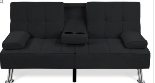 Linen Upholstered Convertible Sofa Bed Futon w/ 2 Cupholders (black) - Lot 111