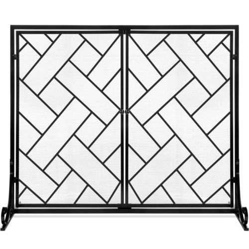 2-Panel Wrought Iron Geometric Fireplace Screen w/ Magnetic Doors - 44x33in - Lot 172