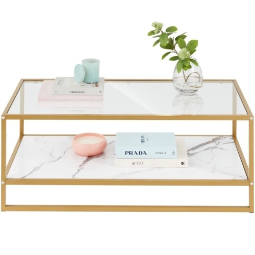 2-Tier Rectangular 2-in-1 Coffee Table w/ Glass & Faux Marble Top - 44in - Lot 204