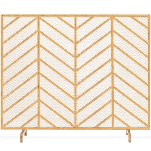Single Panel Iron Chevron Fireplace Screen w/ Antique Finish - 38x31in - Lot 216am