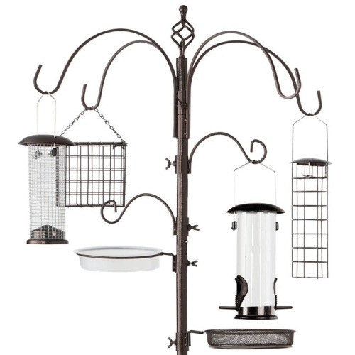 Bird Feeding Station, 6-Hook Steel Multi-Feeder Stand w/ 4 Feeders - 89in - Lot 245