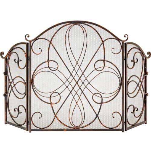 3-Panel Wrought Iron Metal Fireplace Screen Cover w/ Scroll Design - 55x33in  - Lot 254
