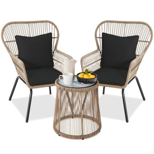 3-Piece Patio Wicker Conversation Bistro Set w/ 2 Chairs, Glass Top Table - Lot 278