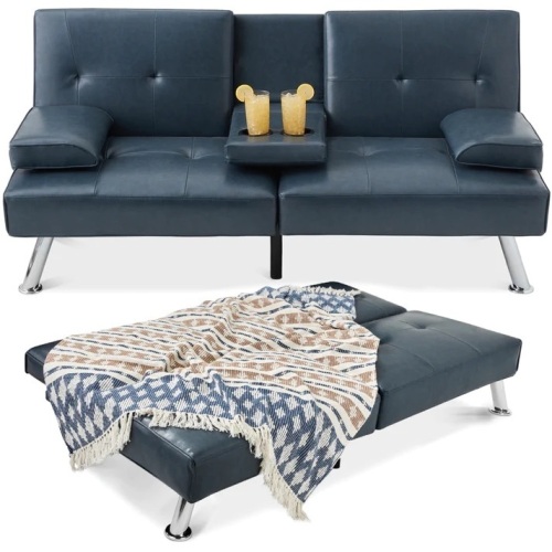 Faux Leather Upholstered Convertible Sofa Bed Futon w/ 2 Cupholders - Lot 279