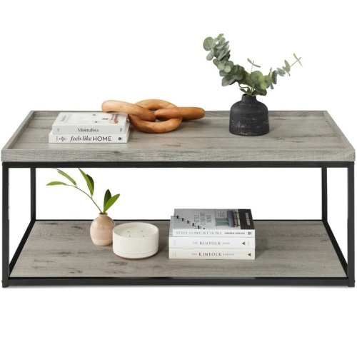 2-Tier Rectangular Tray Top Coffee Table w/ Metal Frame, Shelf - 44in - Lot 320
