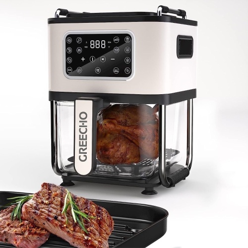  GREECHO Air Fryer Oven and Frying Pan Combo, One-Touch Screen Small Air Fryer with 12 Precise Presets, 4.8QT All-around Visual Glass Air Fryer Cooker,... - Lot 411