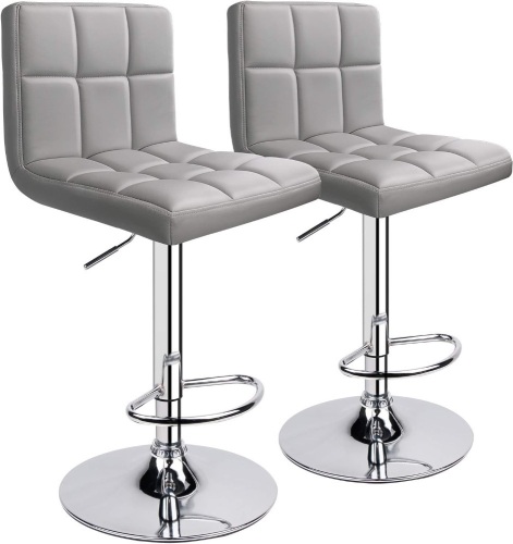 Leopard Bar Stools, Modern PU Leather Adjustable Swivel Bar Stool with Back, Set of 2 (Light Grey) - Lot 416