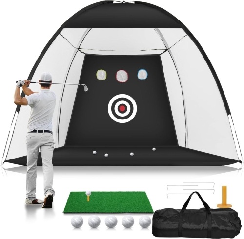 Golf Practice Net, 10x7ft Golf Hitting Aids Nets for Backyard Driving Chipping, Home Golf Swing Training with Targets /1 Golf Mat / 5 Golf Balls / 1 Golf... - Lot 423