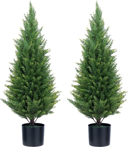 ECOLVANT Two 3 Foot Artificial Cedar Trees Indoor Outdoor UV Rated Potted Plants Artificial Topiary Artificial Shrubs Tree - Lot 432
