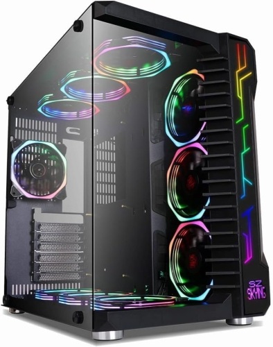 SZSKYING ATX PC Case with 10pcs Argb Fans Control Remote,Computer Game Mid Tower Airflow 3.0 USB, Gaming Case Tempered Glass Panel Black - Lot 439