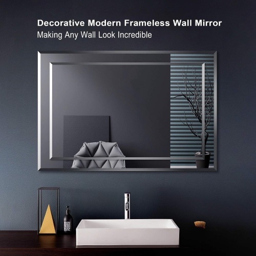 FRALIMK Mirror on Mirror Frameless Rectangular Wall Mirror for Bathroom 22" x 32" Polished Beveled Edge Rectangle Wall Mirror Decorative Wall... - Lot 440