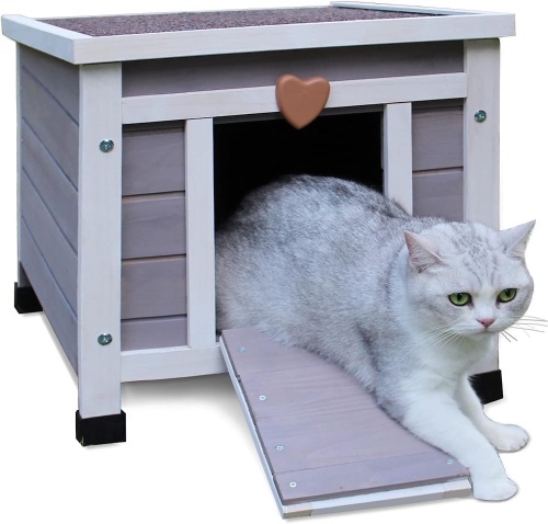 Deblue Weatherproof Cat House for Outdoor Cats, Wooden Small Pet House Outside, Feral Cat Shelter with Elevated Floor and Lockable Door - Grey - Lot 445