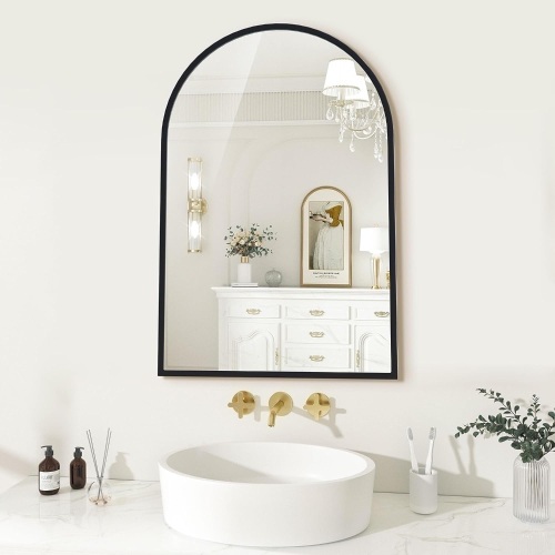 Arched Wall Mirror, 24"×36" Bathroom Vanity Mirror, Unique Wall Mounted Mirror, Black Modern Vanity Decor Mirror for Living Room,... - Lot 482am
