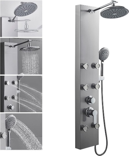 ROVOGO 304 Stainless Steel Shower Panels System with 8-inch Rainfall Shower, 6 Body Jets and 5-Setting Handheld Shower Wand, Shower Tower with Adjustable... - Lot 498