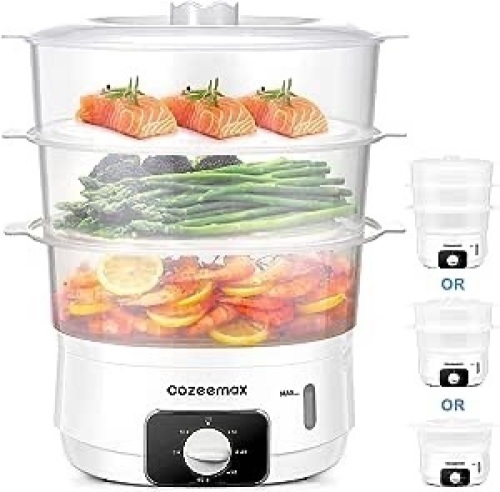 Cozeemax 13.7QT Electric Food Steamer for Cooking, 3 Tier Vegetable Steamer for Fast Simultaneous Cooking, 60 Minute Timer, BPA Free Baskets, 800W (White) - Lot 509