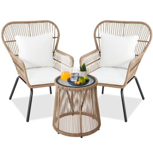 3-Piece Patio Wicker Conversation Bistro Set w/ 2 Chairs, Glass Top Table  - Lot 282